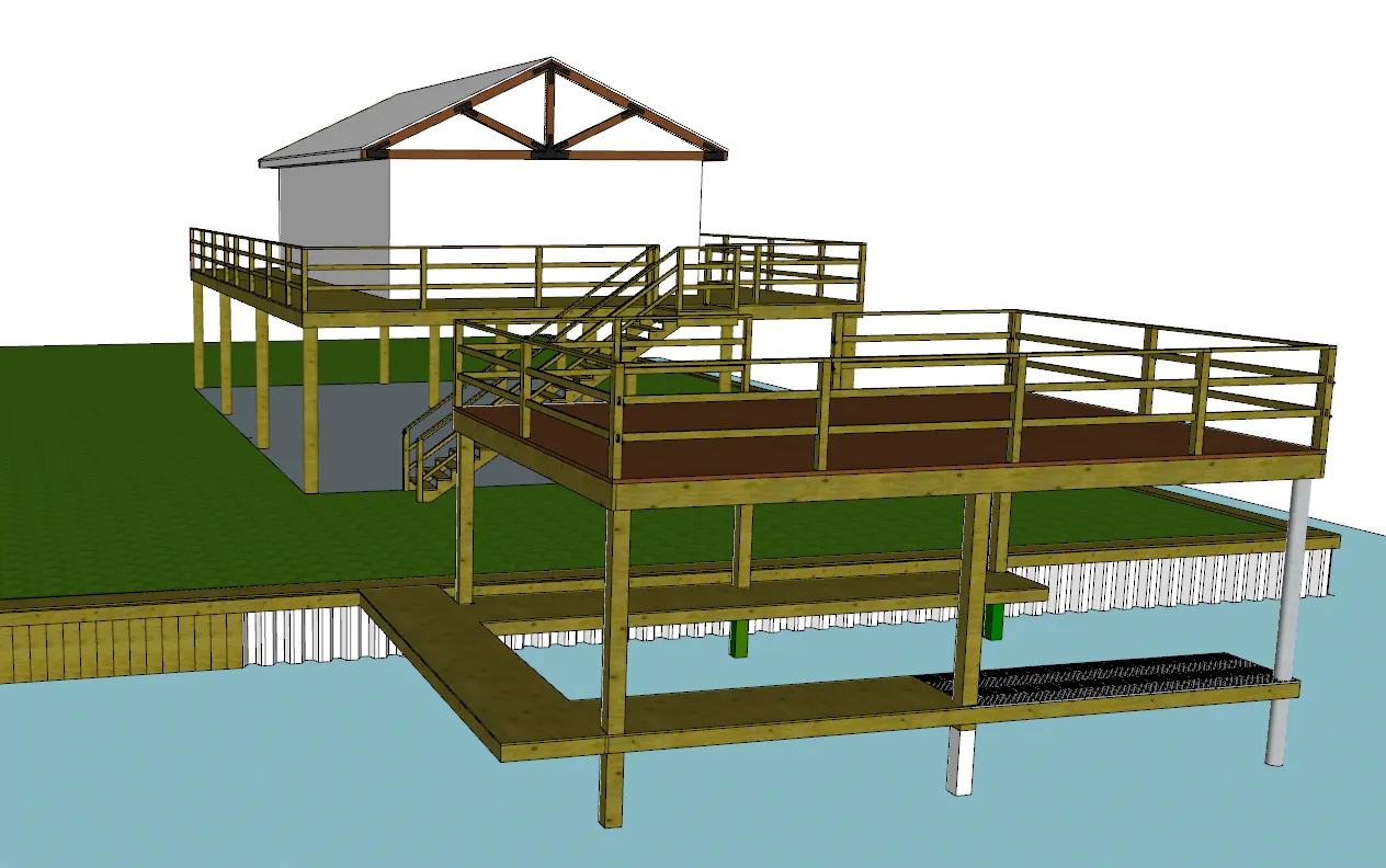 Illustration of a waterfront home with dock, piers and boathouse, marked with the products used in each part
