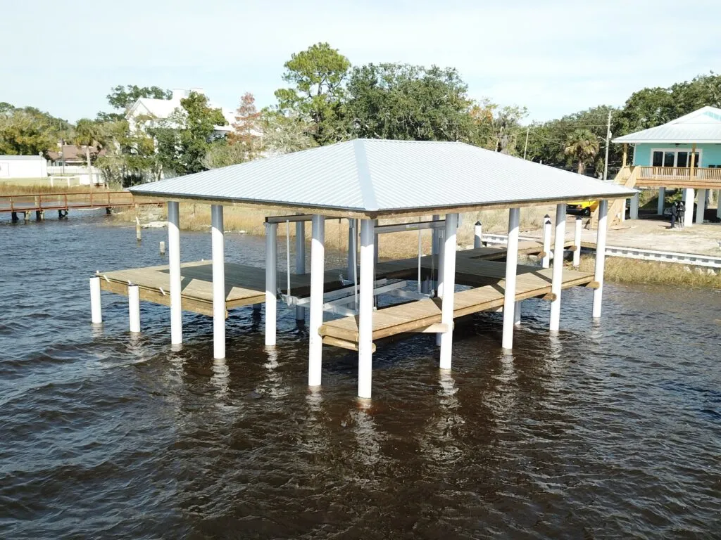 EcoPile® vinyl pilings installed at a boathouse dock