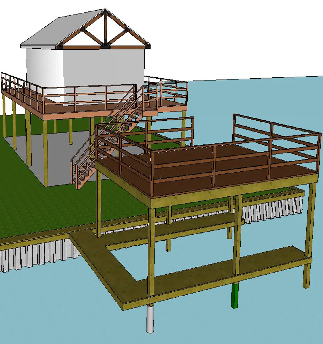 Illustration of a waterfront home with dock, piers and boathouse, marked with the products used in each part