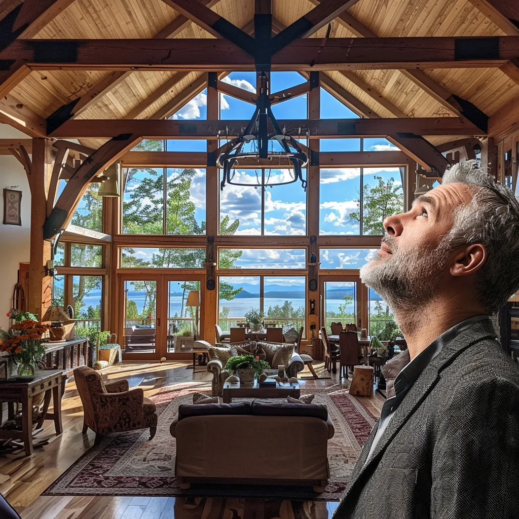 man looking up at custom timber trusses in a custom home