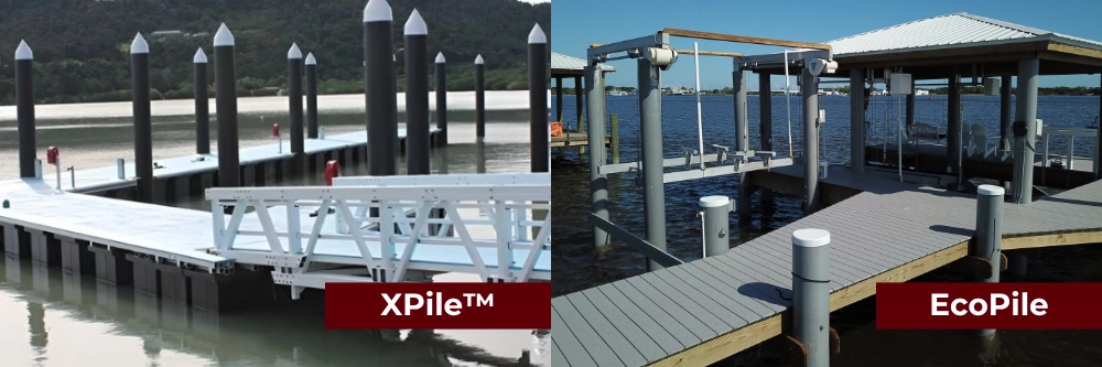 composite marine pilings used in place of salt-killed wood pilings on a gulf coast dock